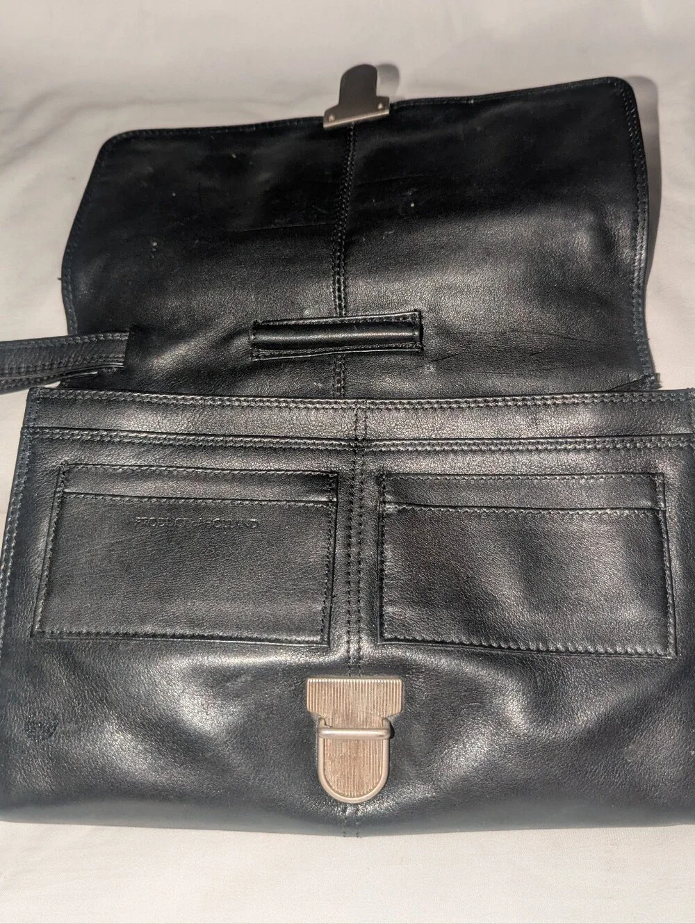 Claudio Fericci Black Leather Organizer Clutch Wristlet with Silver Hardware